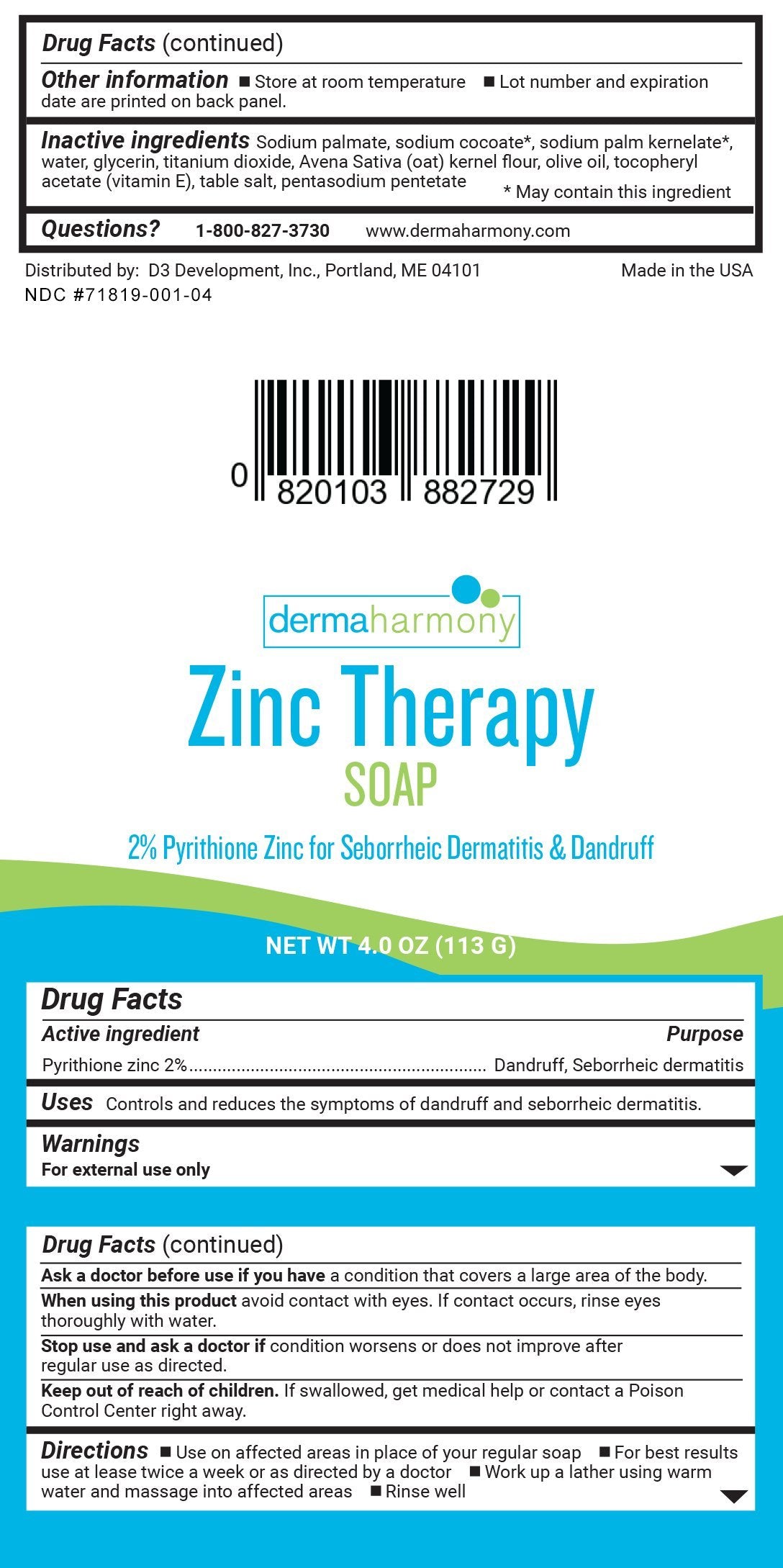 DermaHarmony Pyrithione Zinc soap bar packaging highlights natural formula for daily use.