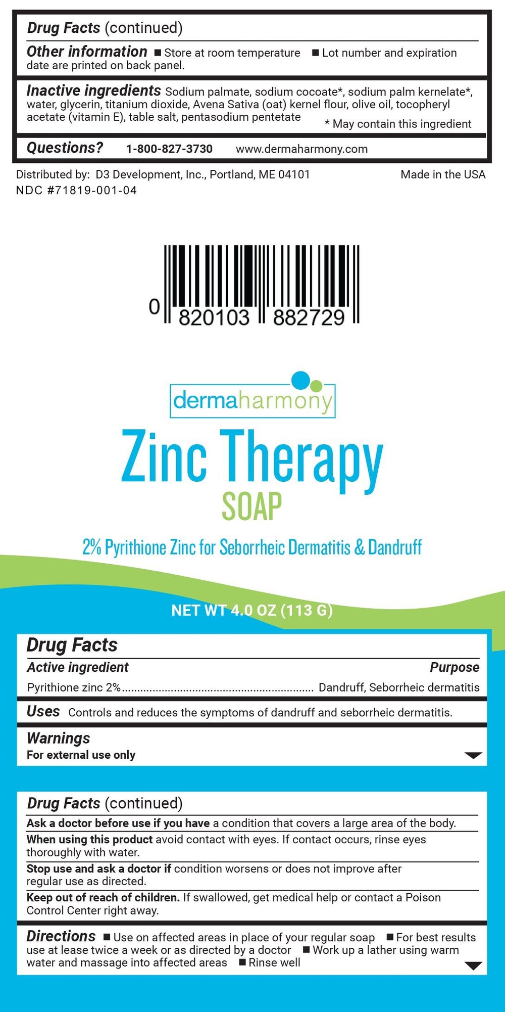 DermaHarmony Pyrithione Zinc soap bar packaging highlights natural formula for daily use.