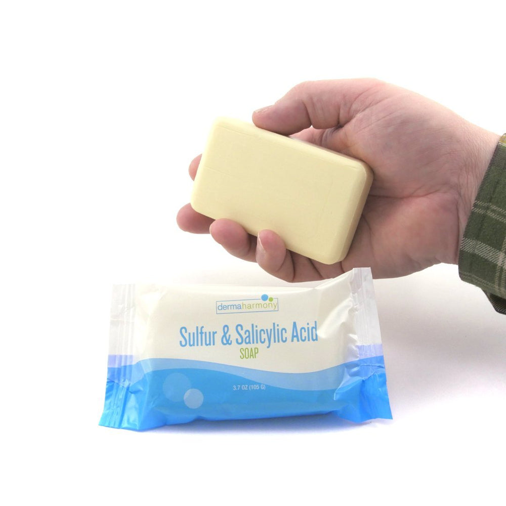 DermaHarmony sulfur-salicylic soap packaging, USA-made production and sustainability