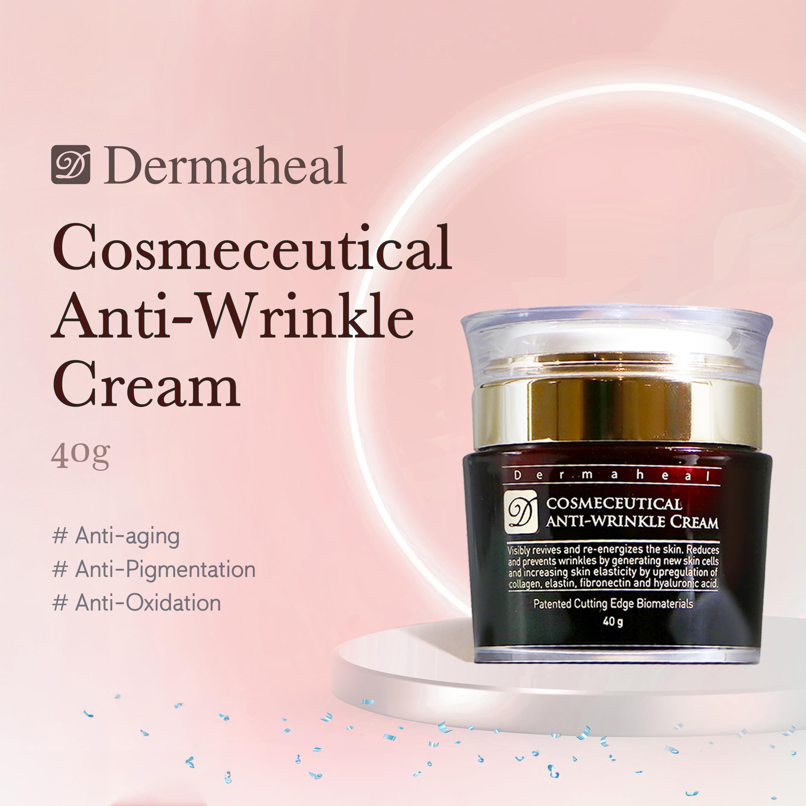 Dermaheal peptide complex jar close-up emphasizing collagen support and renewal.