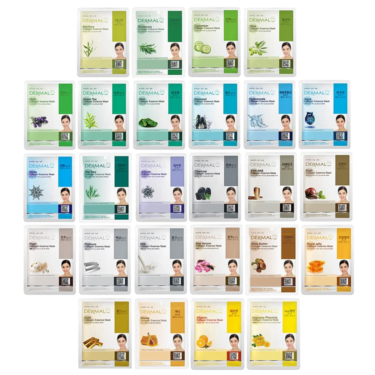 DERMAL 26 Combo Pack green-yellow masks overview highlights hydration for dry skin.