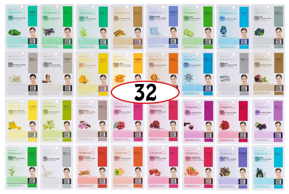Dermal 32-combo-pack cover shows a hydrating sheet mask set for all skin types.