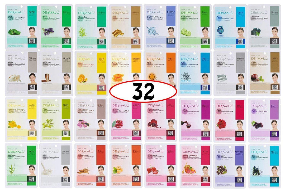 Dermal 32-combo-pack cover shows a hydrating sheet mask set for all skin types.