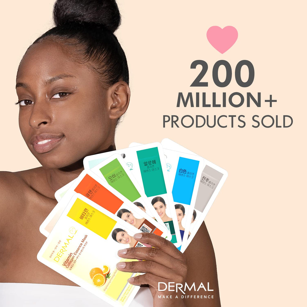 Dermal 32-combo-pack inside displays 32 sheets with green tea and cucumber for soothing hydration.