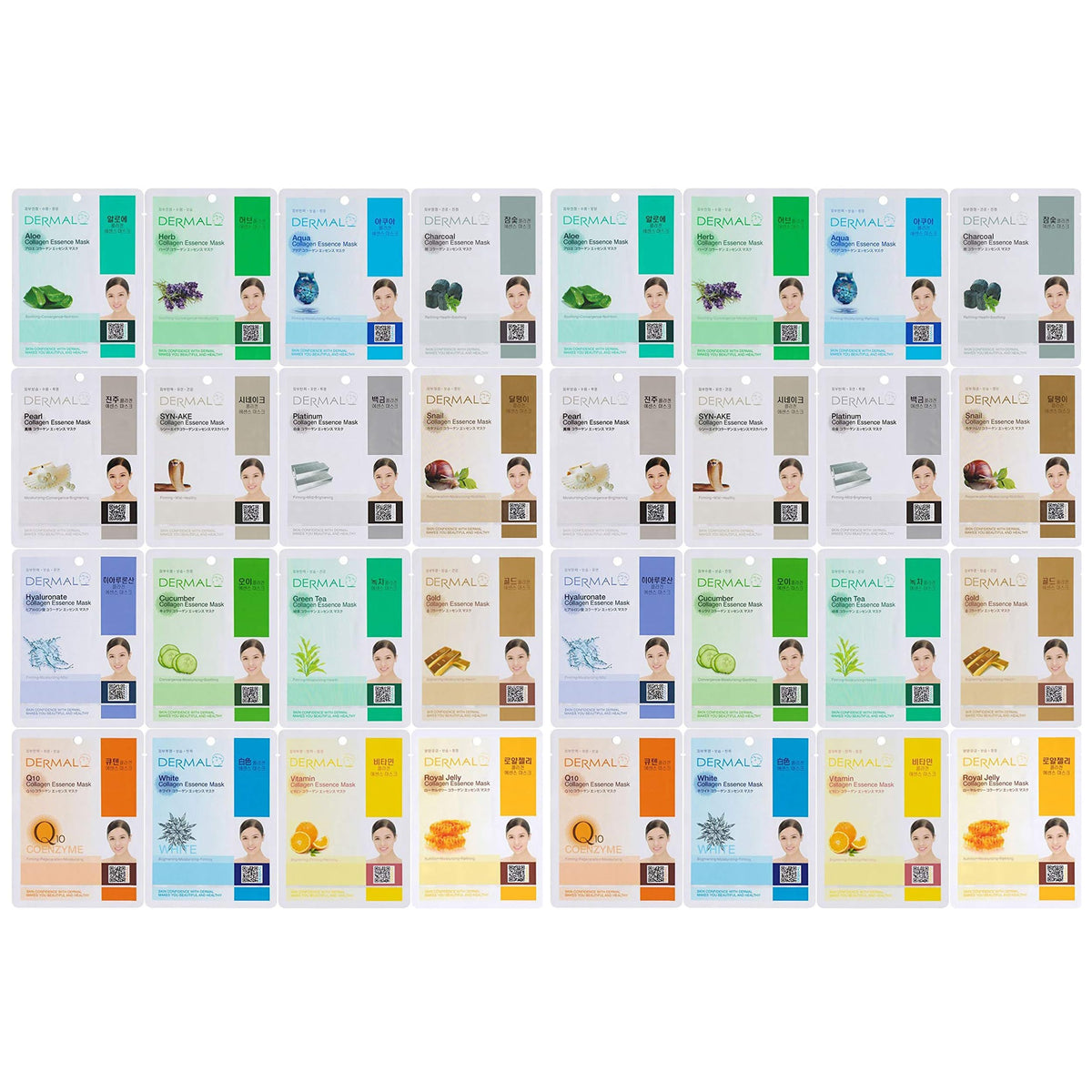 DERMAL 32-Combo Pack mask collection displays diverse sheets for daily hydration.