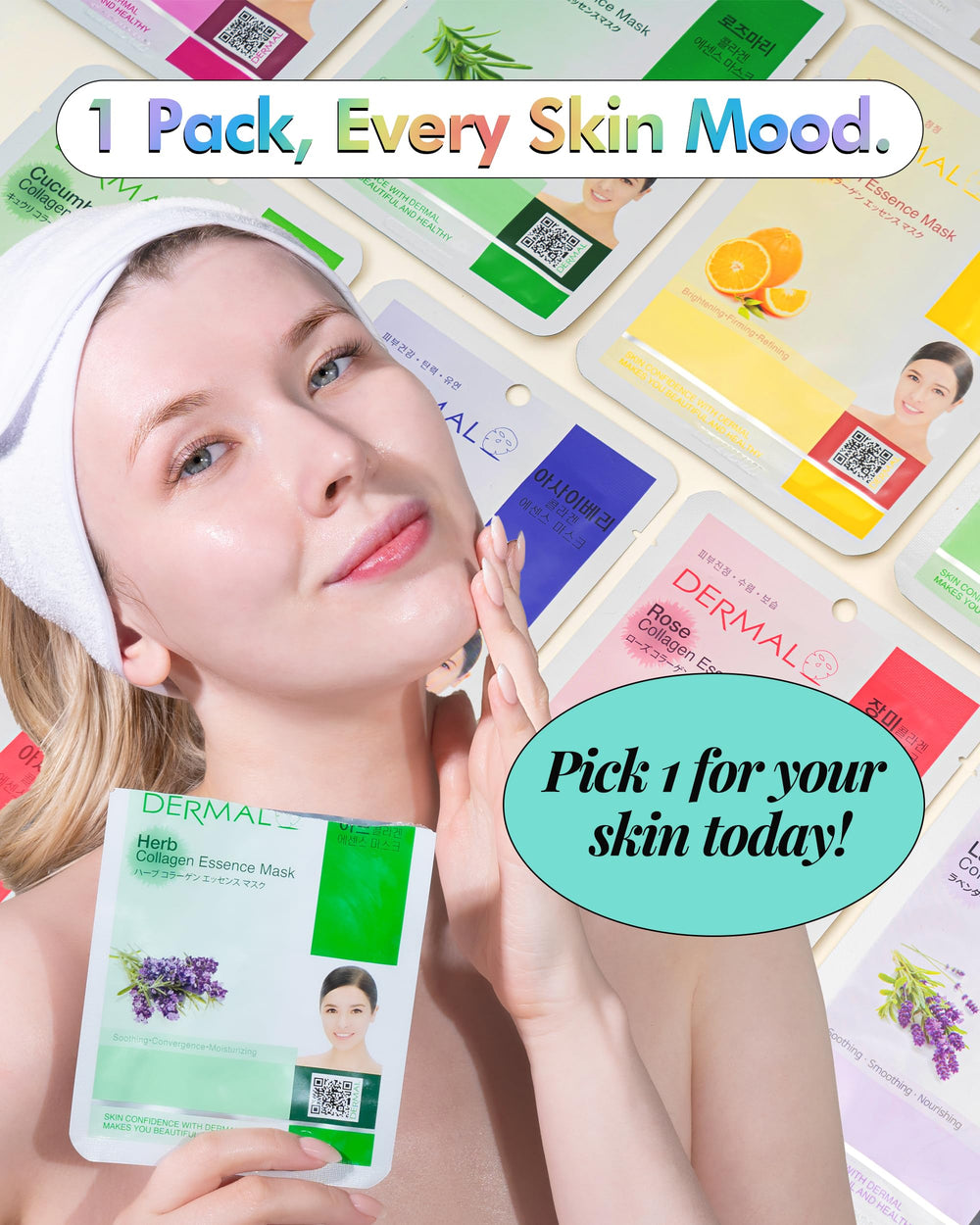 DERMAL 32-Combo Pack mask close-up of ingredients like aloe and green tea.