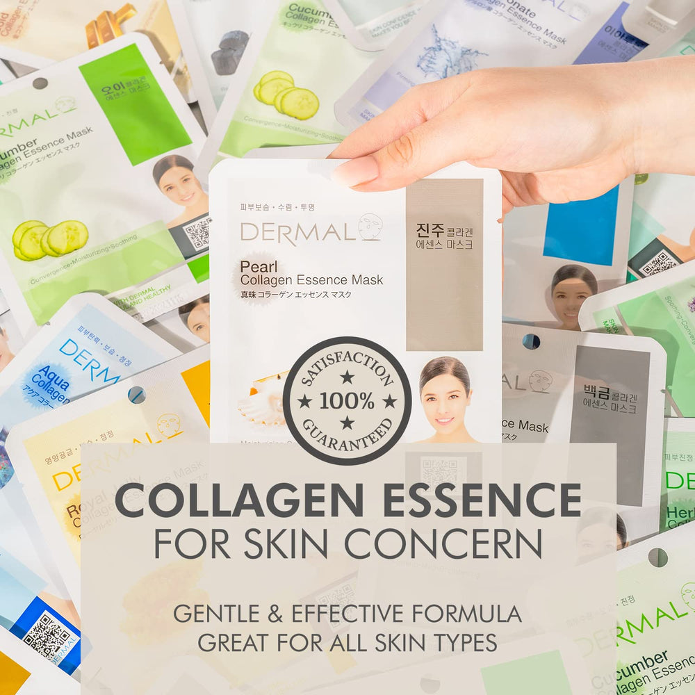 Dermal Korean collagen mask collection close-up highlights collagen and vitamin-rich moisture.