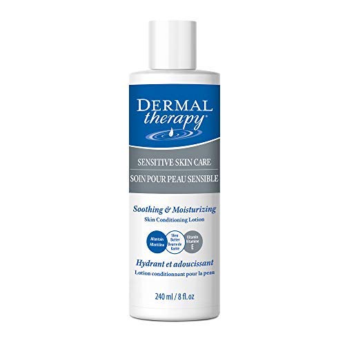 Dermal Therapy Sensitive Skin Lotion bottle highlighting a calming, non-irritating formula for dry skin.
