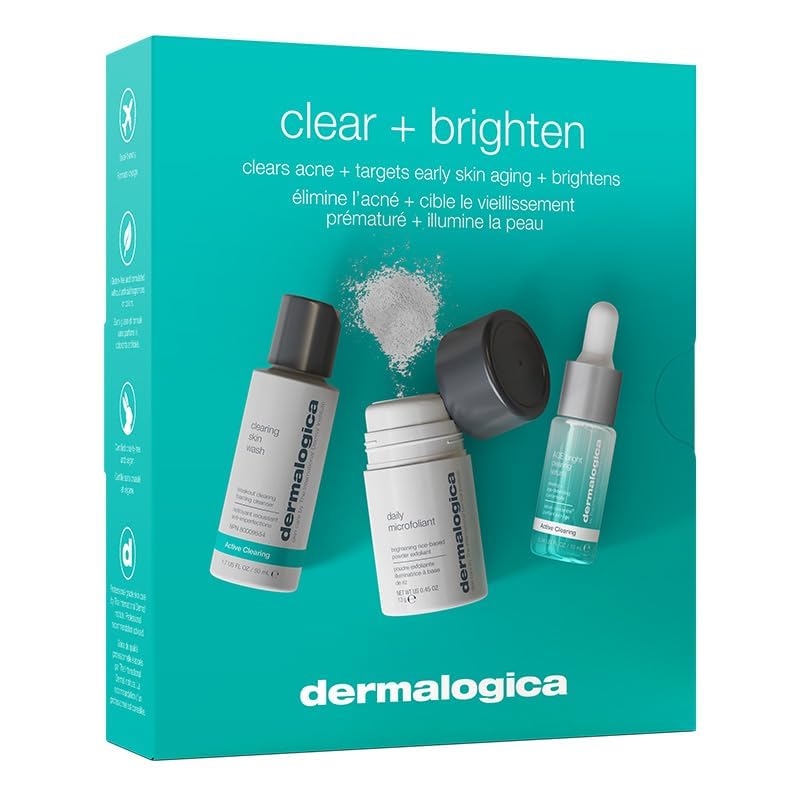 Dermalogica Clear and Brighten Kit face cleanser bottle promotes gentle cleansing for clearer skin.