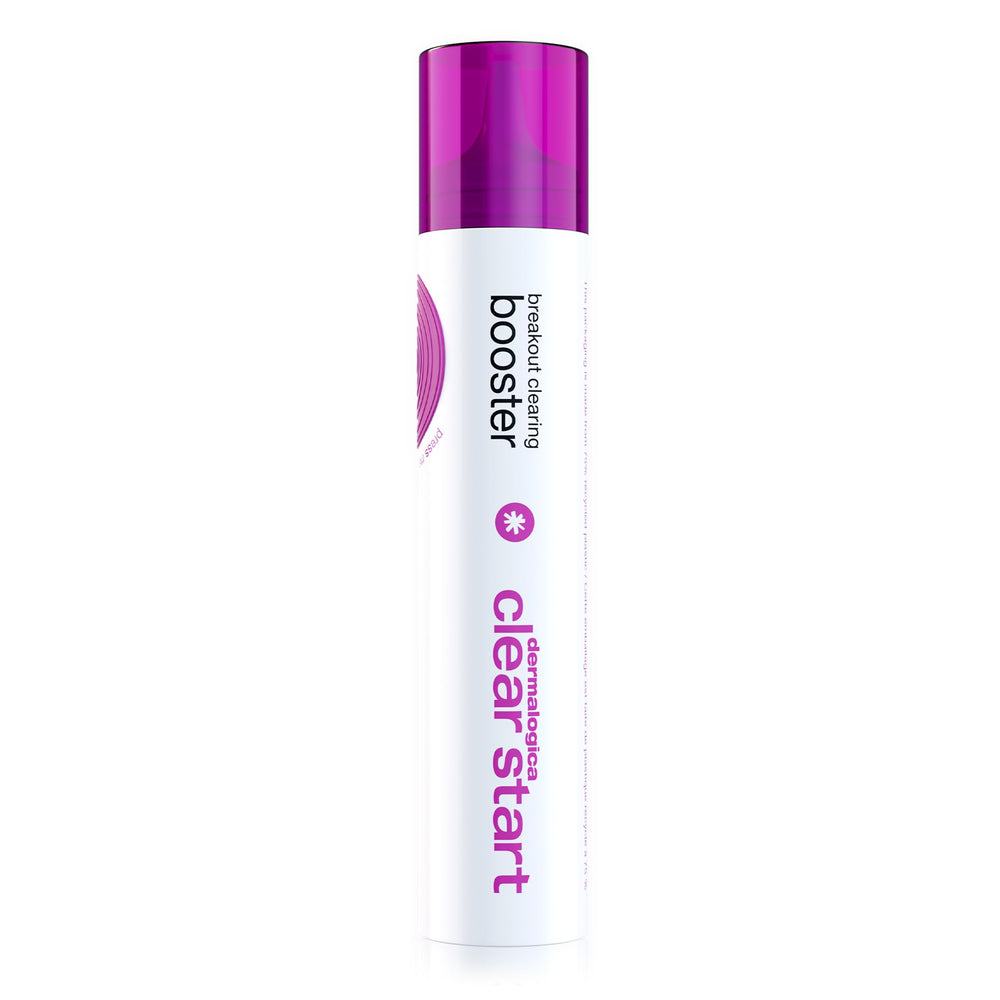 Dermalogica Clear Start booster bottle closeup, compact packaging for quick blemish care.
