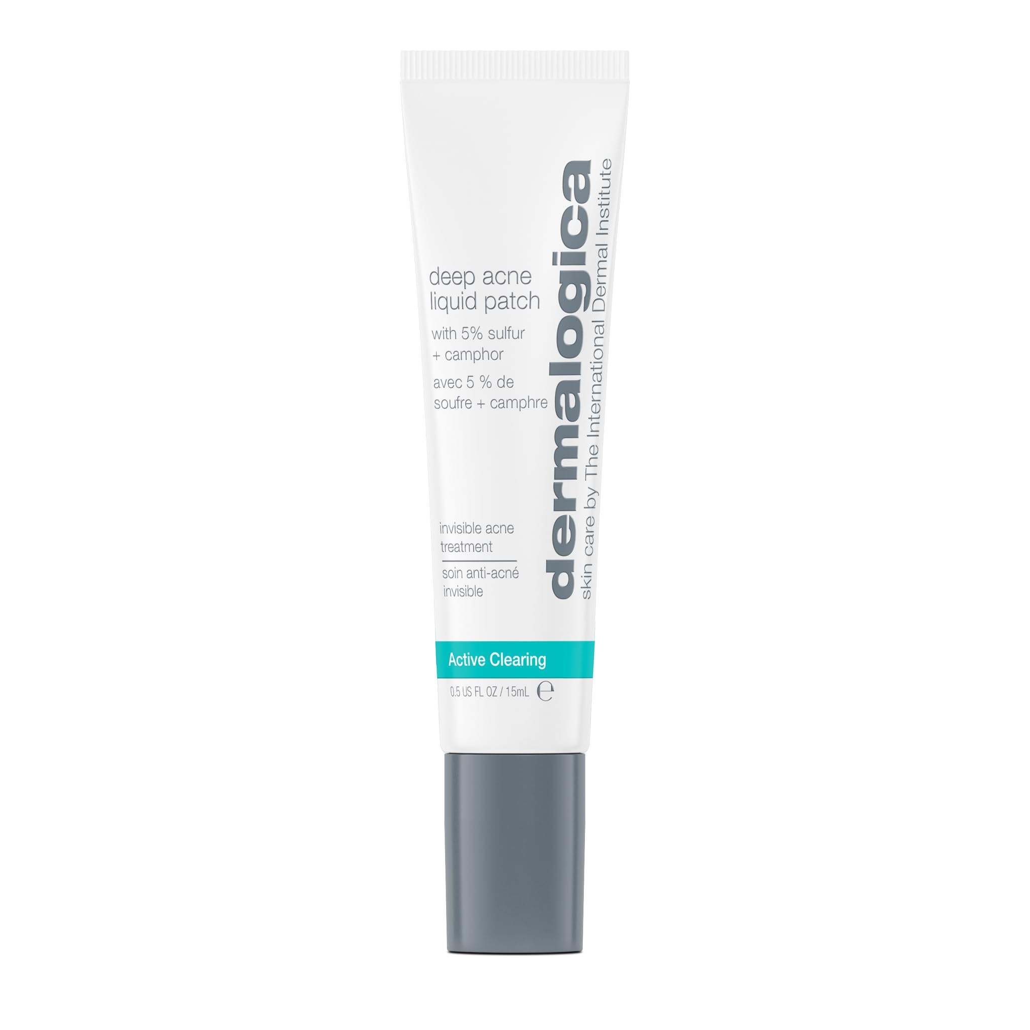 Dermalogica Deep Acne Liquid Patch bottle and patch showing invisible liquid-to-patch formula for blemish-prone skin