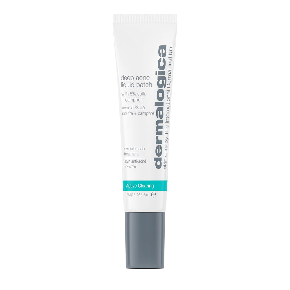 Dermalogica Deep Acne Liquid Patch bottle and patch showing invisible liquid-to-patch formula for blemish-prone skin