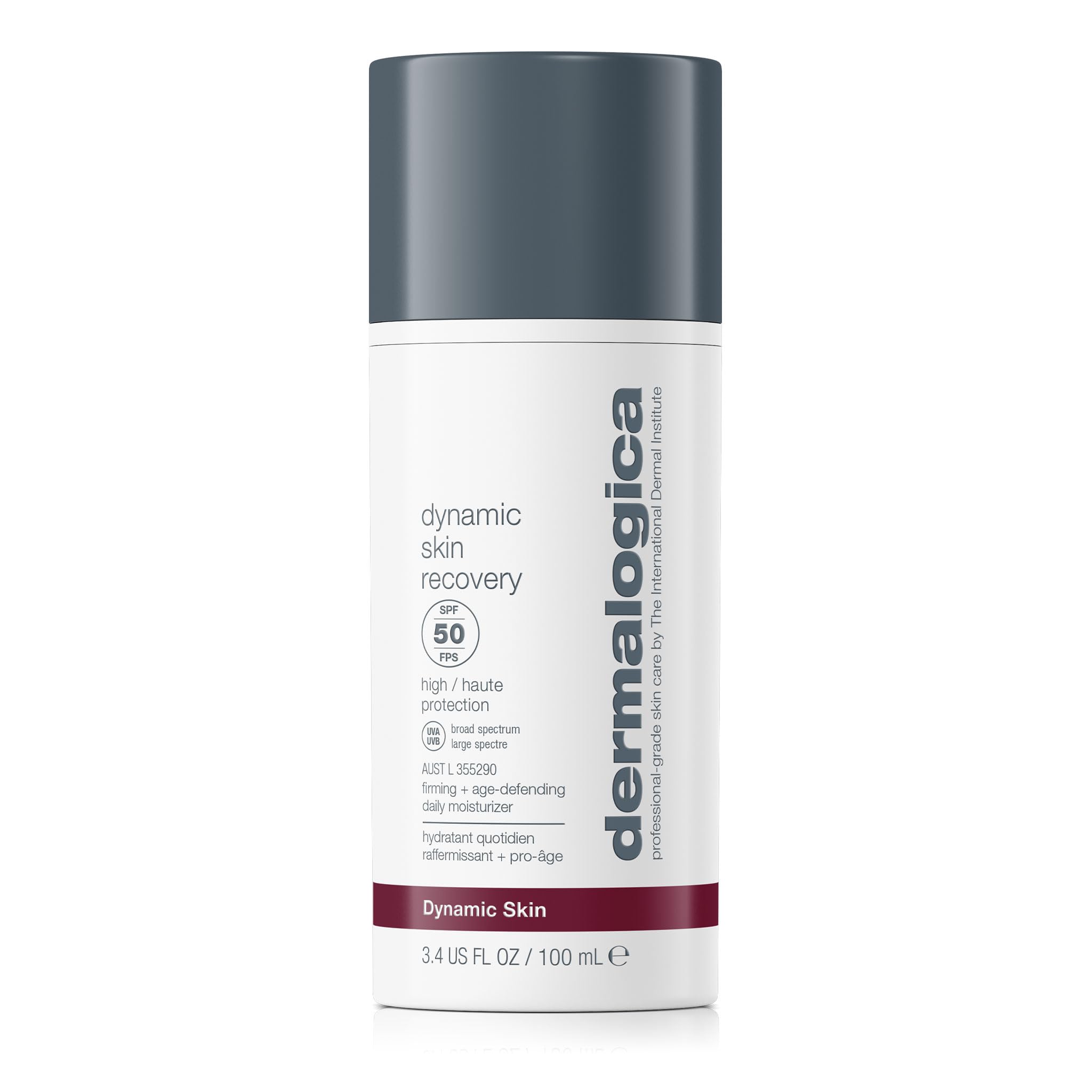 Dermalogica Dynamic Skin Recovery SPF50 bottle showing a lightweight, non-greasy sunscreen moisturizer.