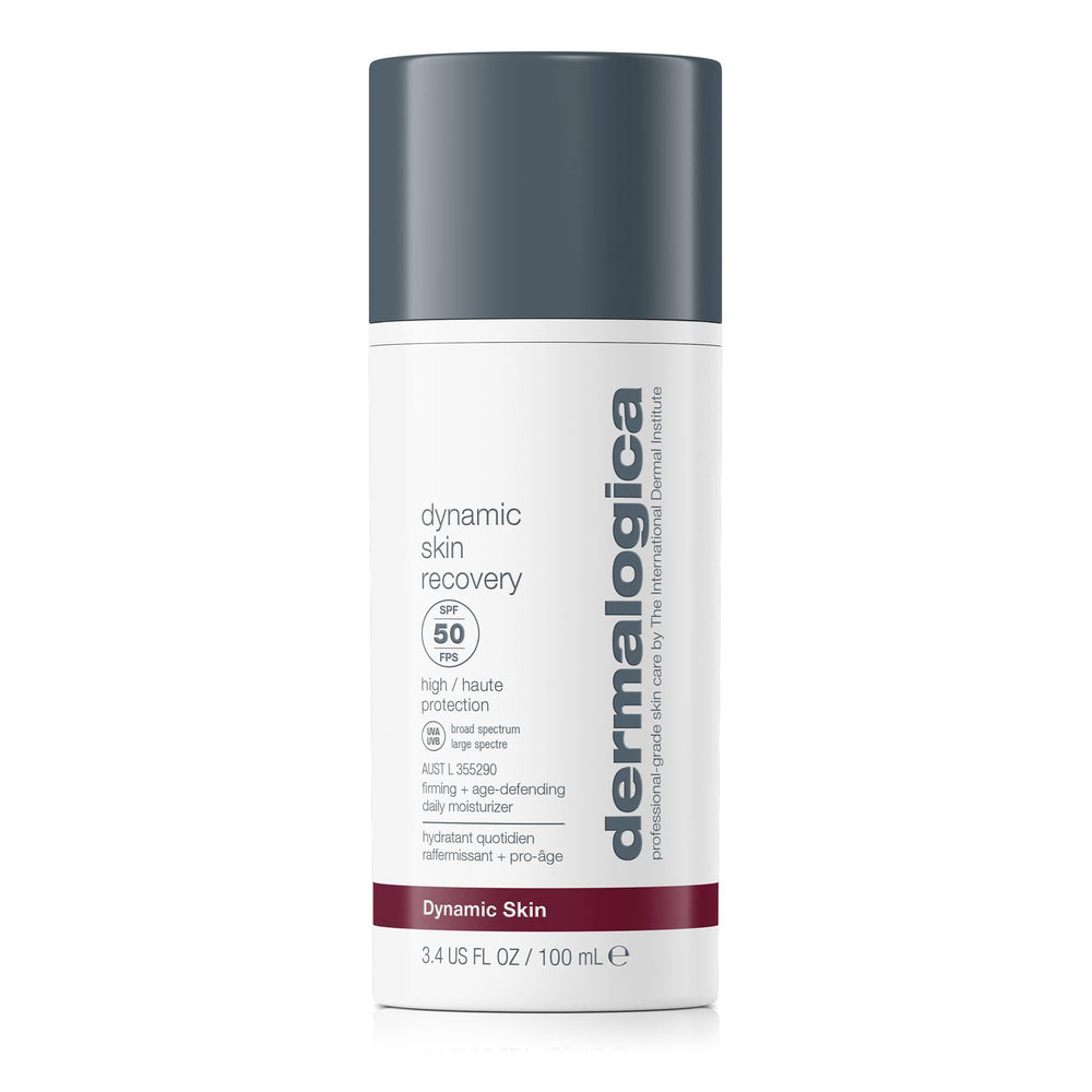 Dermalogica Dynamic Skin Recovery SPF50 bottle showing a lightweight, non-greasy sunscreen moisturizer.
