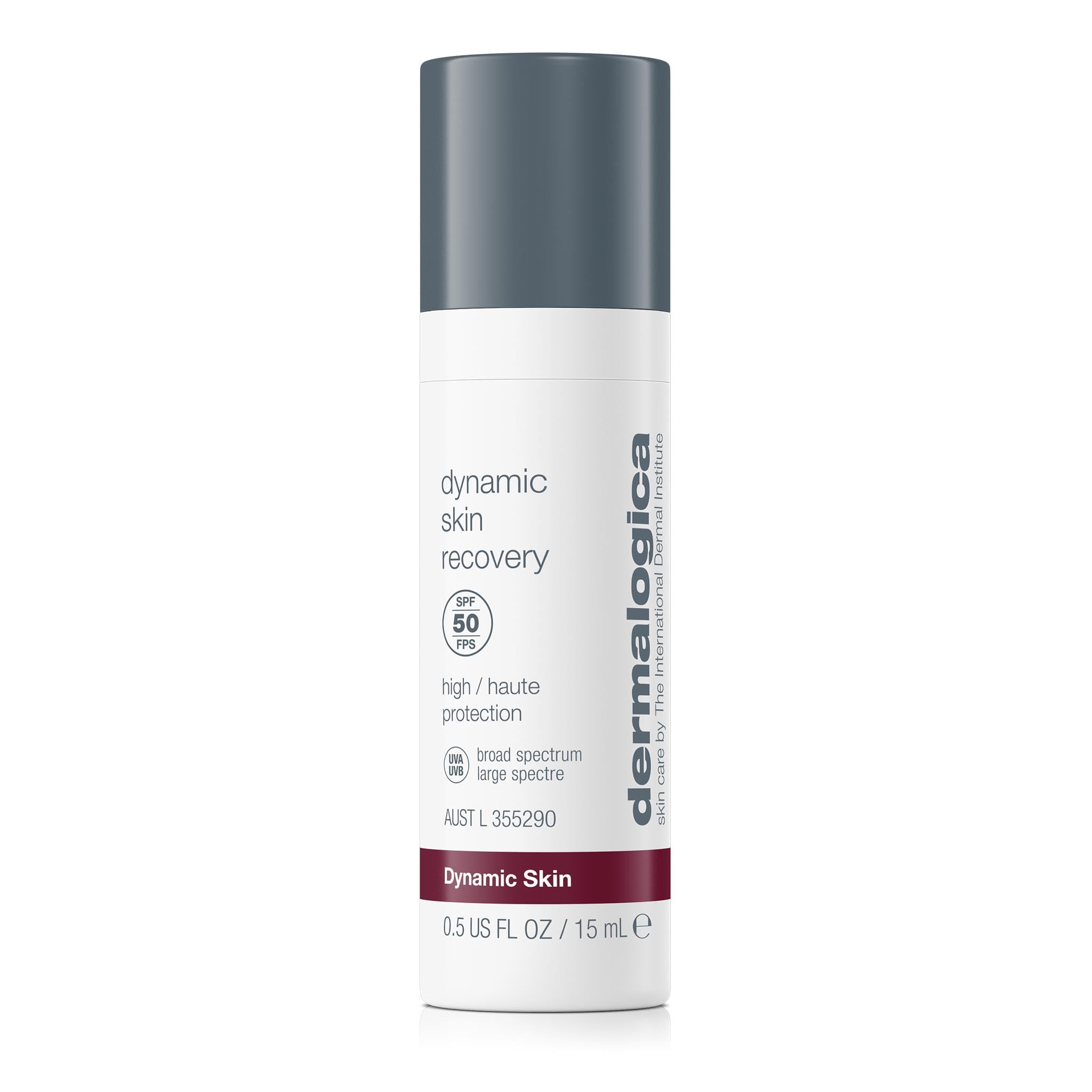 Dermalogica Dynamic Skin Recovery SPF50 bottle showing broad spectrum protection and anti aging benefits.