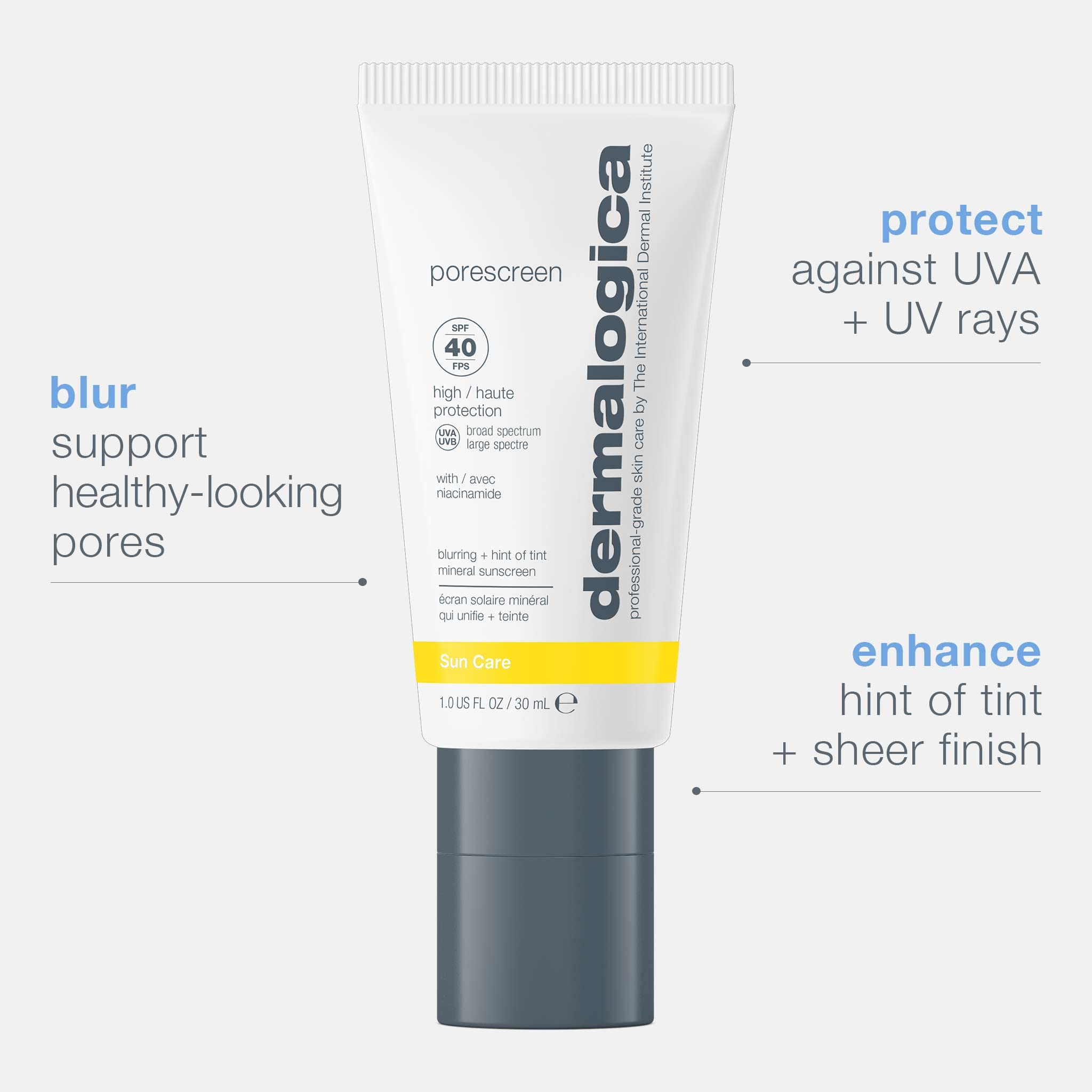 Dermalogica Porescreen SPF 40 blur finish on skin for smoother texture.