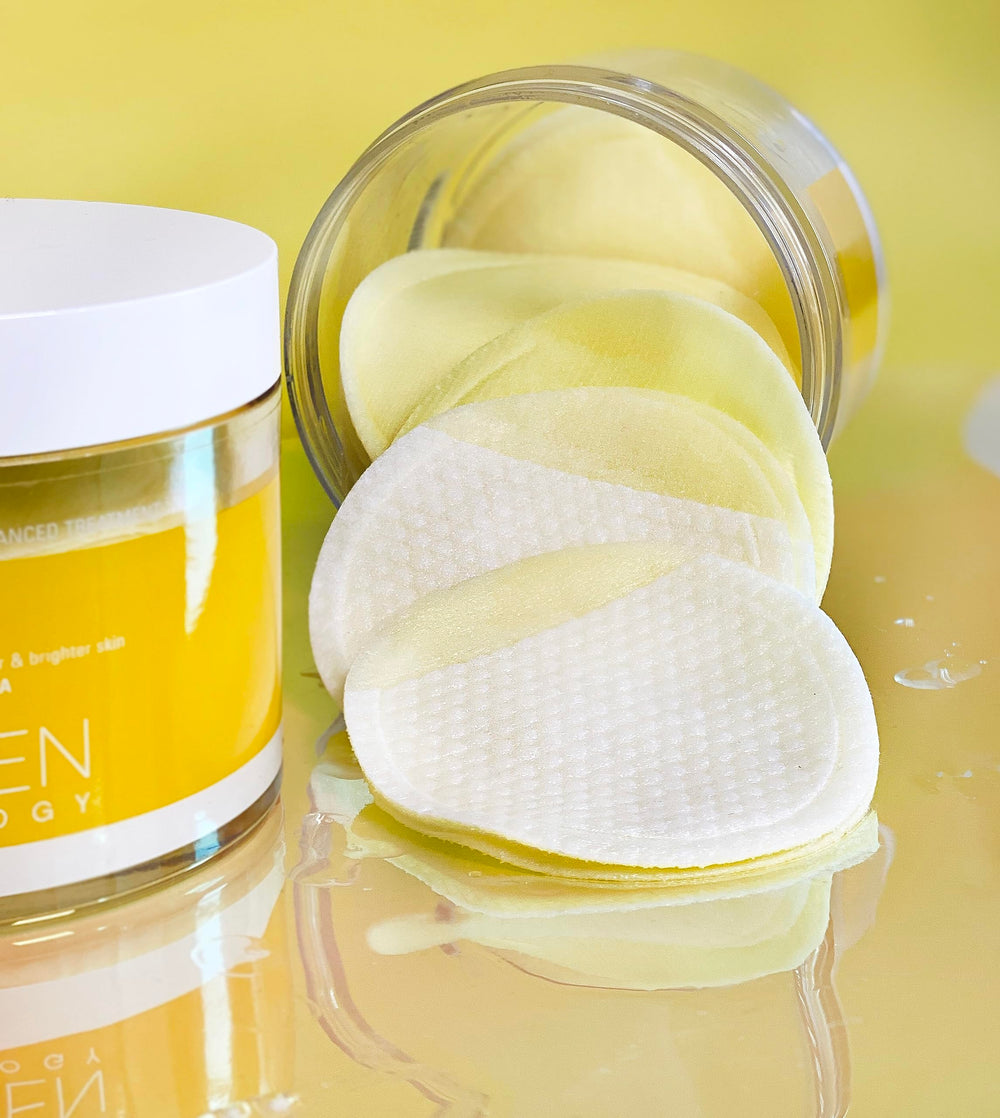 DERMALOGY Bio-Peel Lemon Pad shows 100% cotton pads for gentle use.