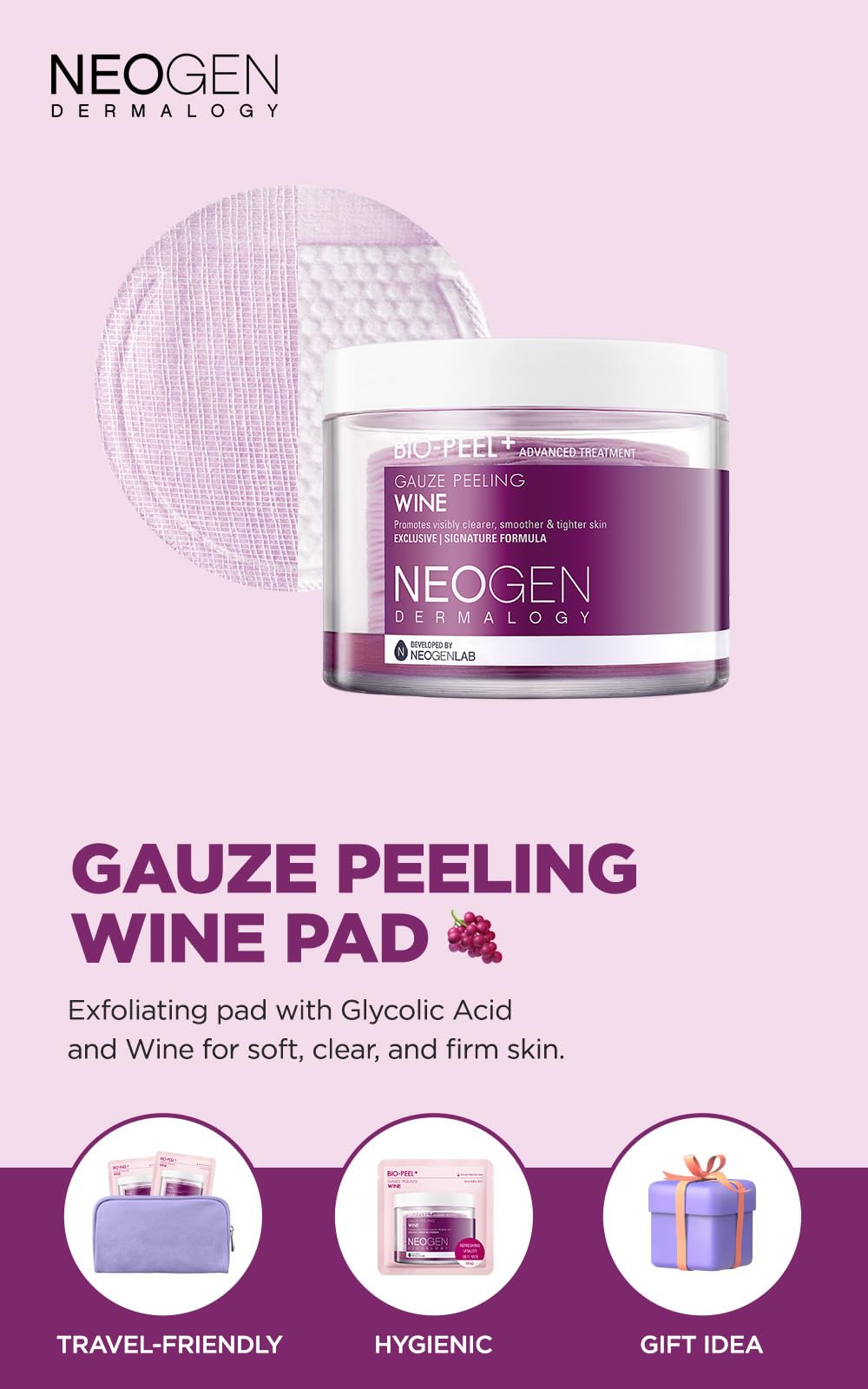 DERMALOGY Bio-Peel Gauze packaging beside pads, highlighting antioxidant wine benefits for smoother texture.