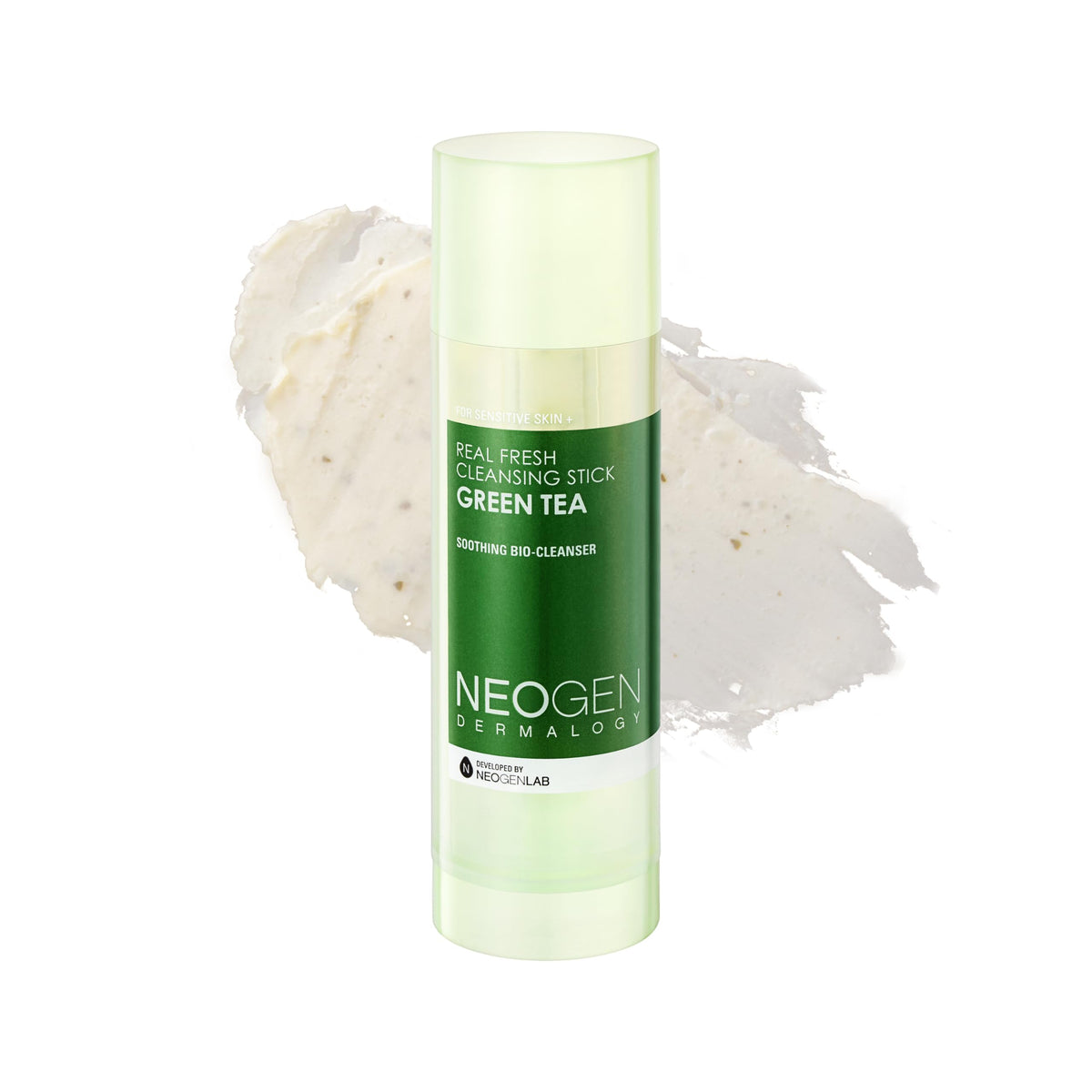 DERMALOGY by NEOGENLAB cleansing stick with crushed green tea leaves for a gentle cleanse.