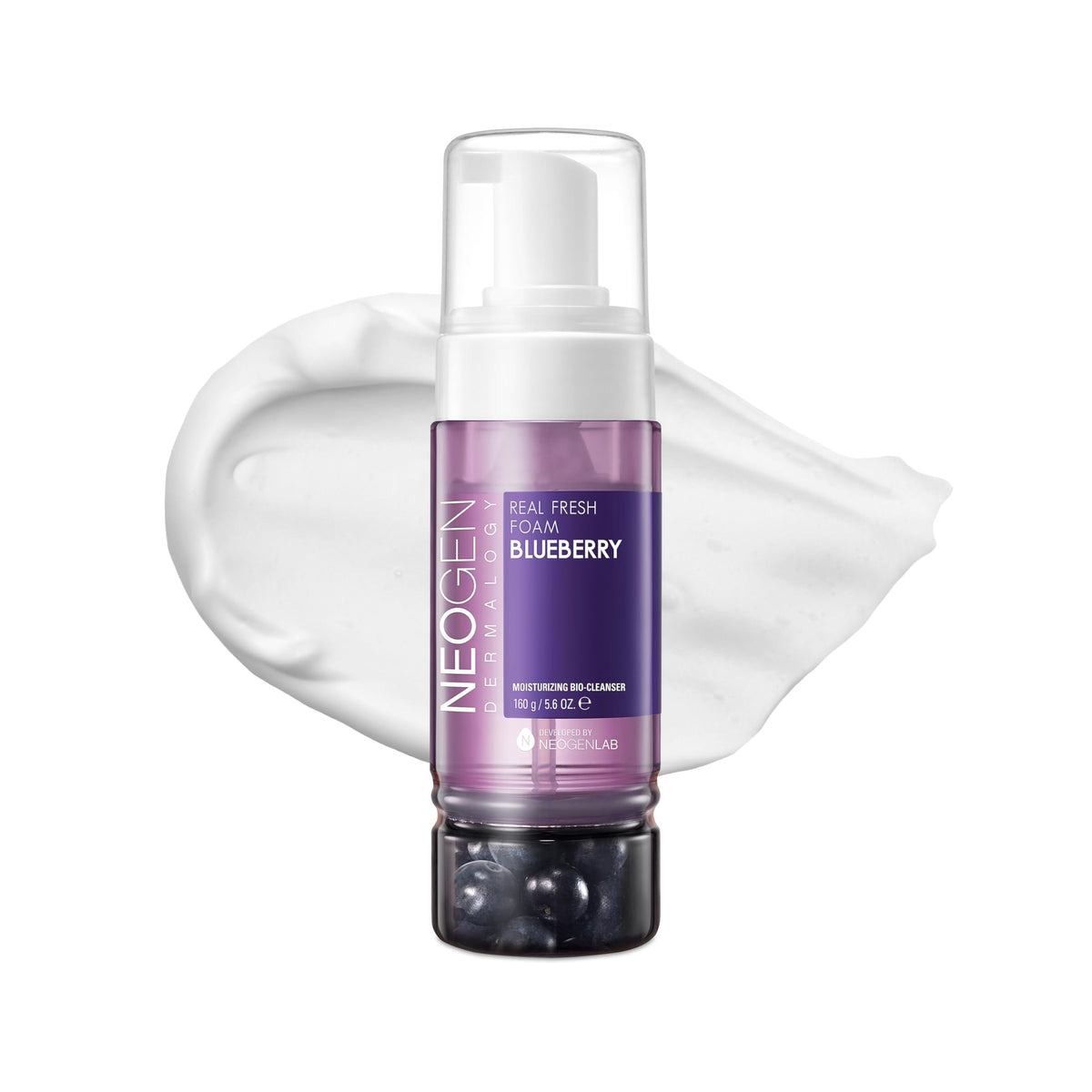 DERMALOGY Real Fresh Foam bottle with blueberries for a gentle, refreshing cleanse.
