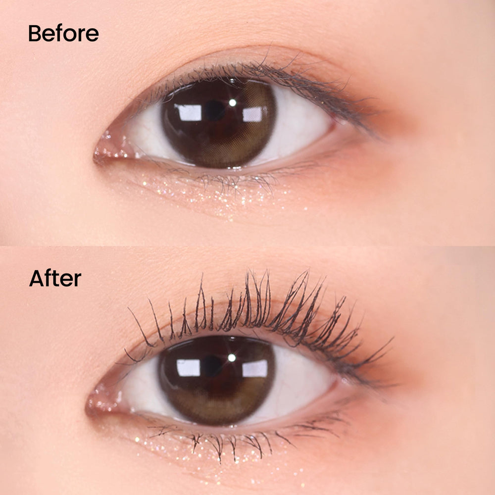 DERMALOGY vegan-certified mascara on clean lashes for sensitive eyes.