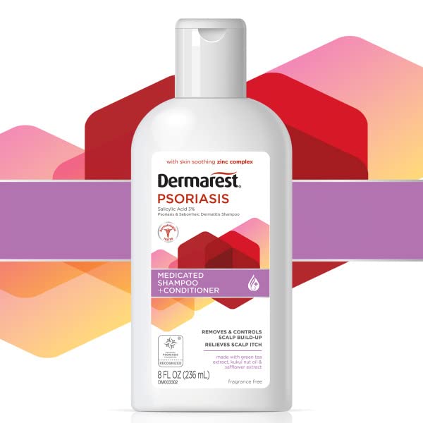 Dermarest psoriasis shampoo zinc complex badge visible on bottle label.