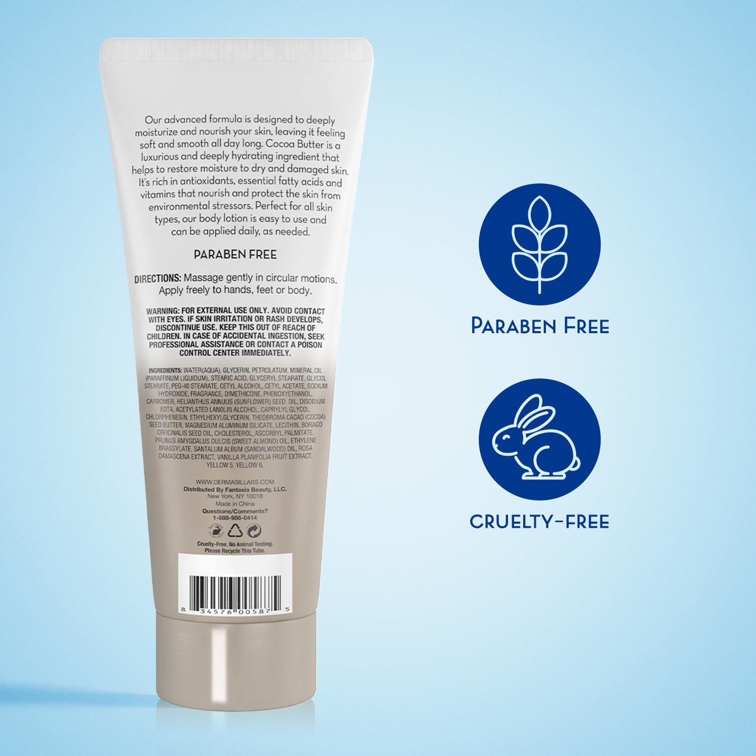 Dermasil cocoa butter lotion 8oz bottle showcased for quick absorption