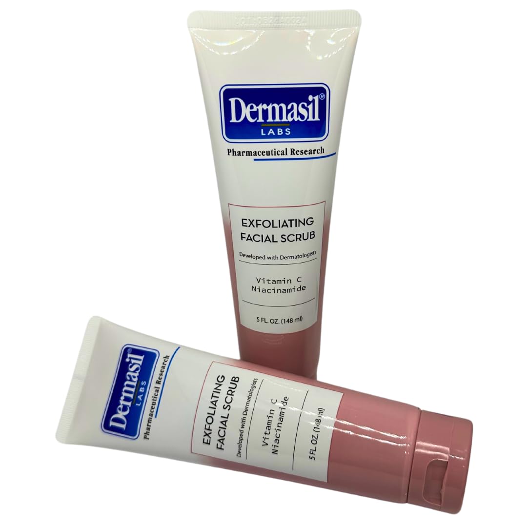Dermasil exfoliating facial scrub with vitamin C and niacinamide for brighter, smoother skin.