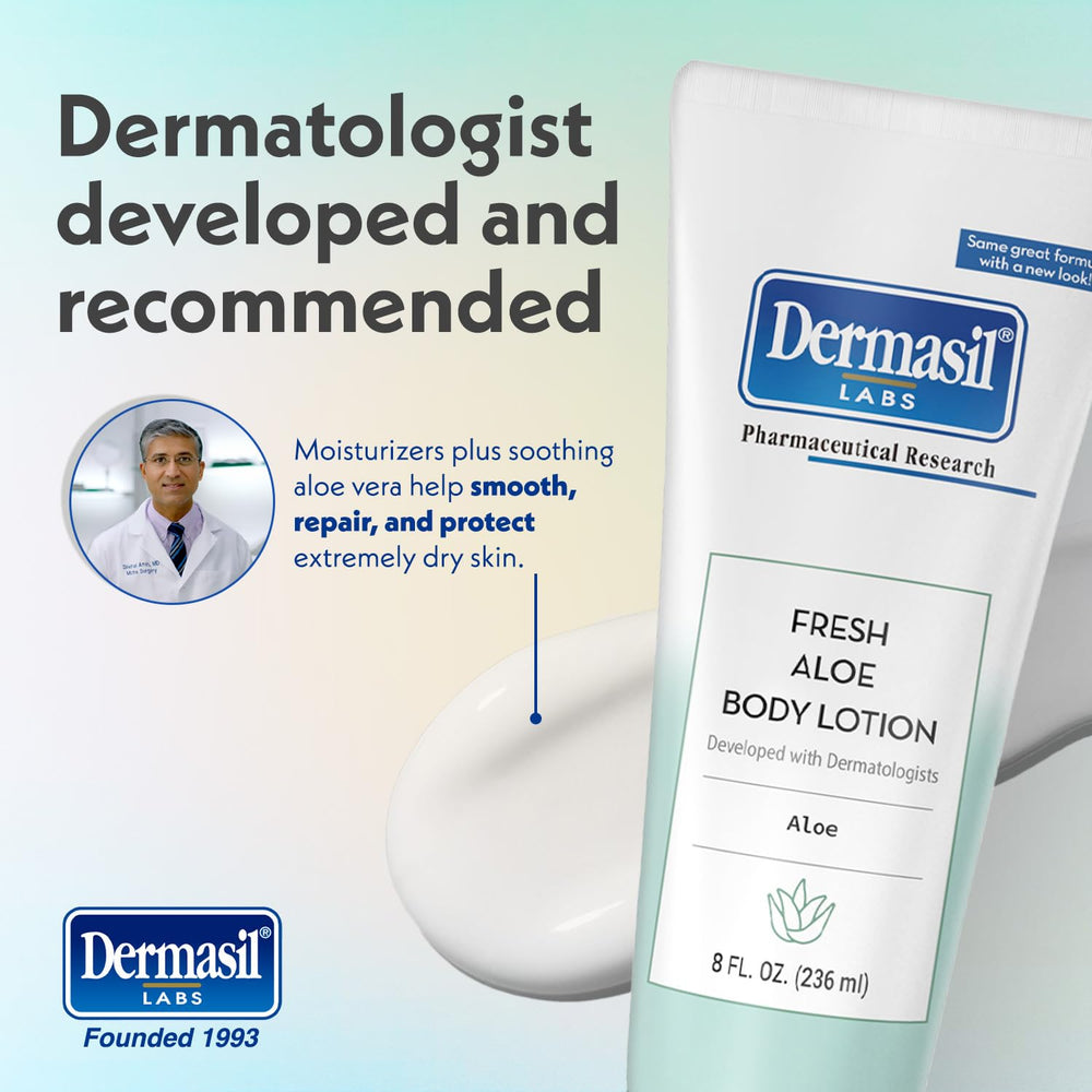 Dermasil Fresh Aloe lotion close-up texture reveals a non-greasy finish.