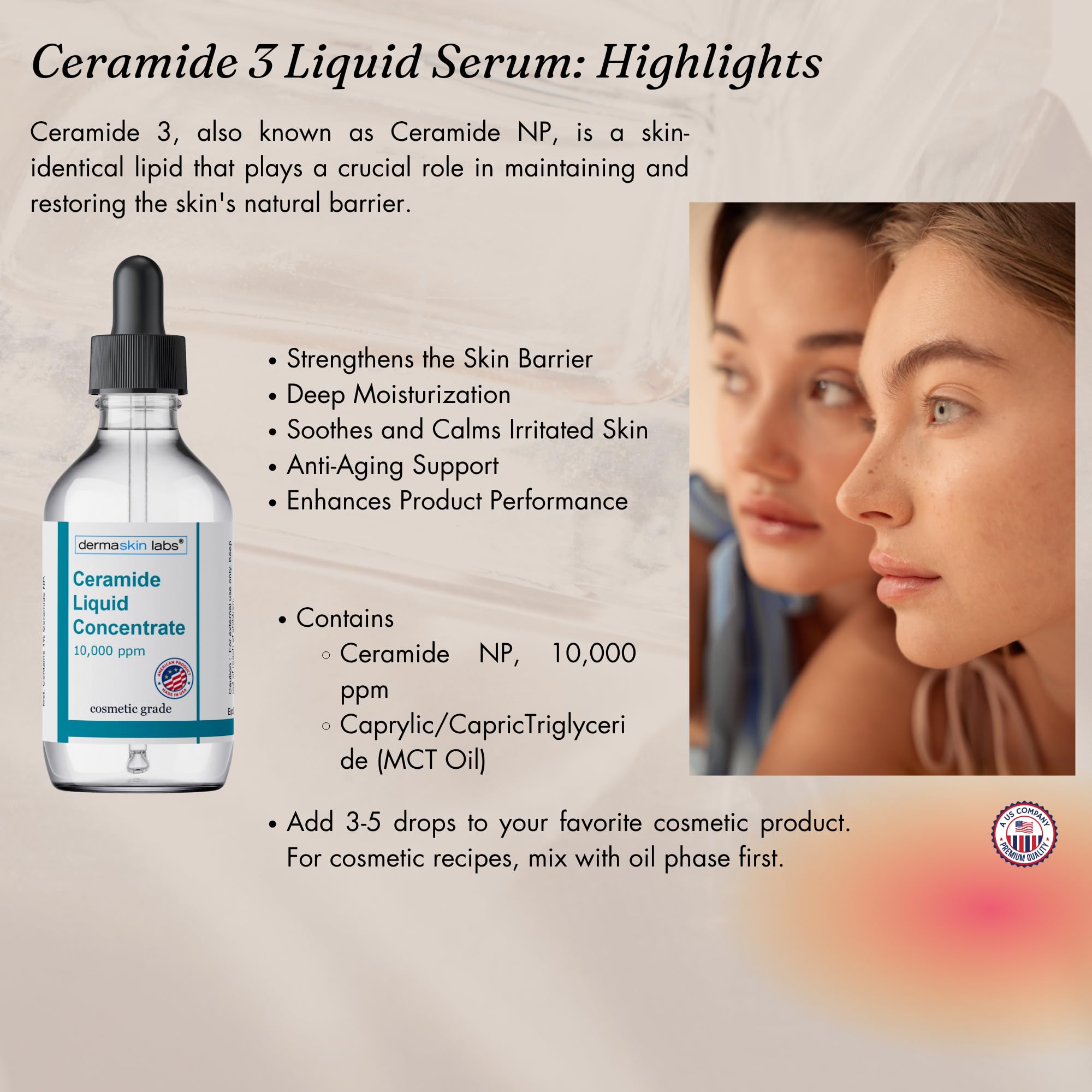 Dermaskin Labs Ceramide Liquid Concentrate used in hair care for moisture lock.
