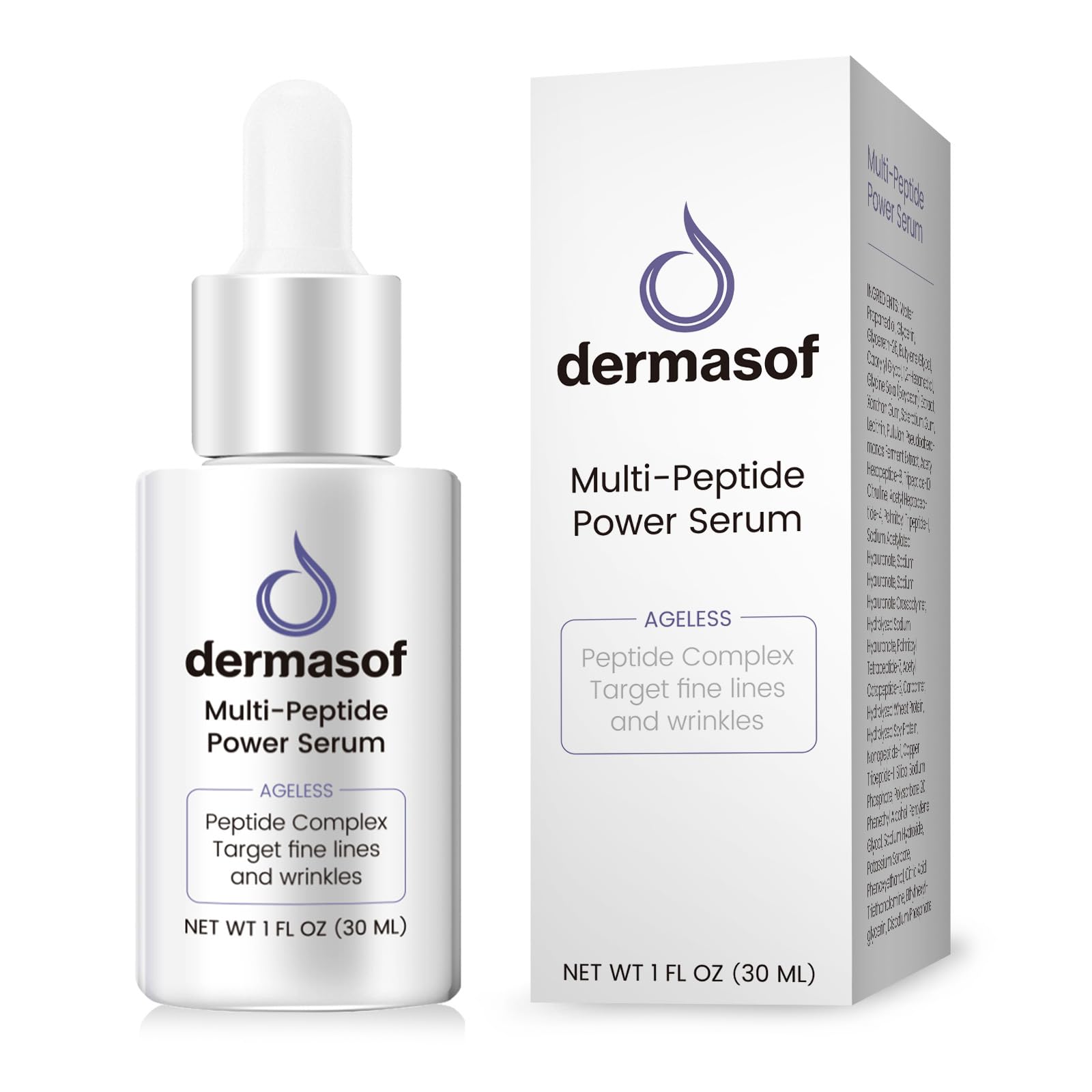 Dermasof Multi Peptide Power Serum bottle close-up highlights premium anti-aging formula.