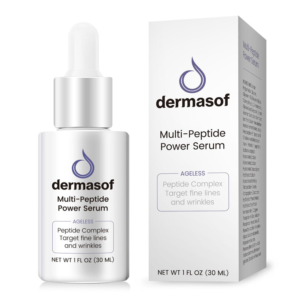 Dermasof Multi Peptide Power Serum bottle close-up highlights premium anti-aging formula.