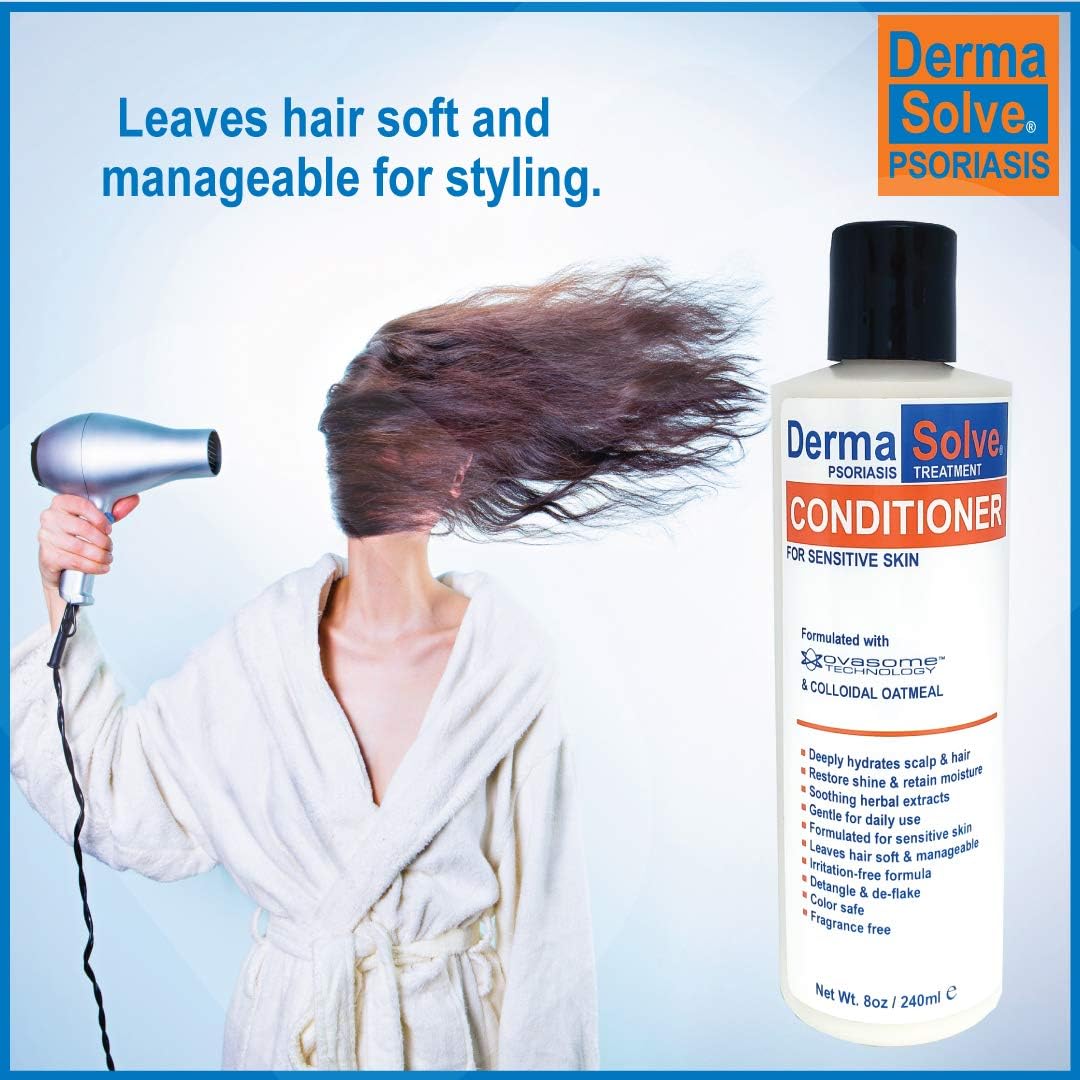 Product image highlighting colloidal oatmeal soothing scalp in Dermasolve.