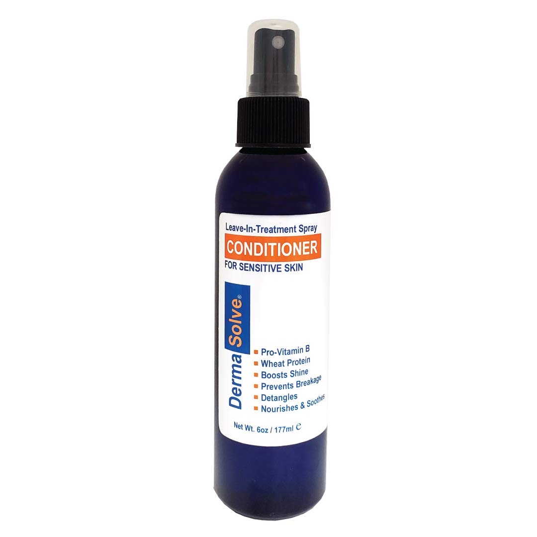 Dermasolve psoriasis leave-in spray bottle shown for easy detangling and scalp hydration.