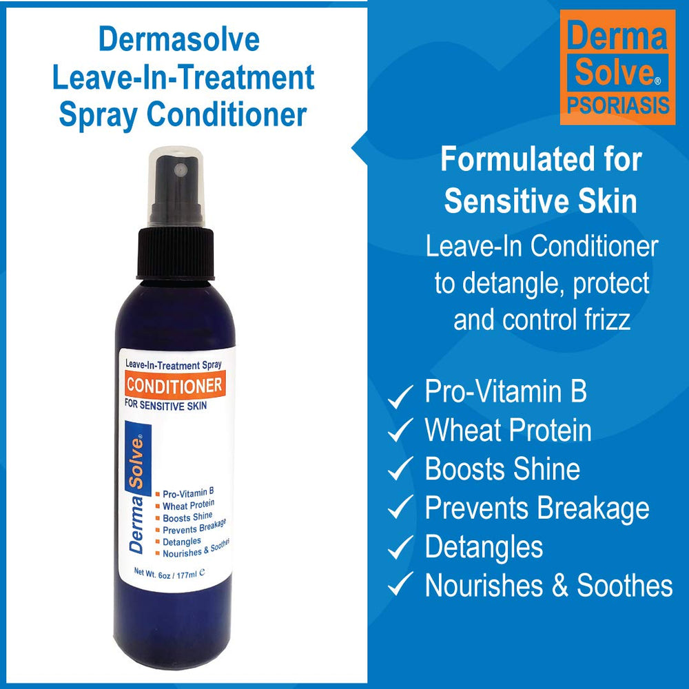 Dermasolve psoriasis leave-in spray mist on hair for smooth styling without irritation.