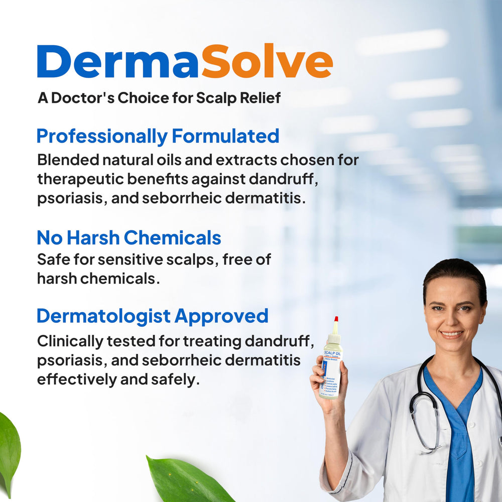 Dermasolve scalp oil care routine bottle beside spa-like atmosphere