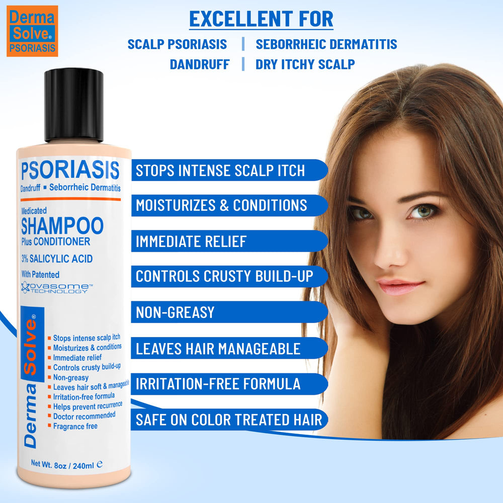 Dermasolve shampoo close-up shows rich lather for scalp comfort.