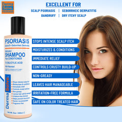 Dermasolve shampoo close-up shows rich lather for scalp comfort.