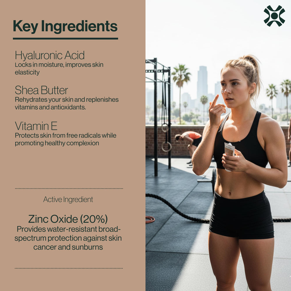 Dermasport SPF 50 bottle being squeezed to illustrate quick absorption during workouts.