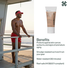Dermasport SPF 50 sunscreen applied to the face during outdoor activity for sweat-resistant coverage.
