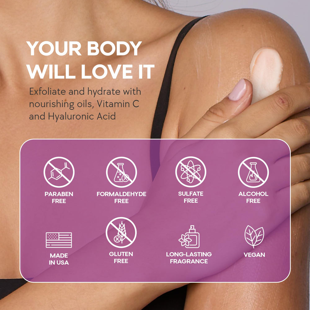 Dermasuri body scrub in hand demonstrates massage for smoother elbows and knees.