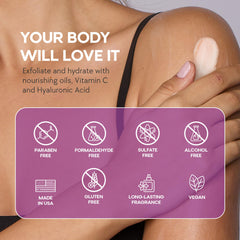 Dermasuri body scrub in hand demonstrates massage for smoother elbows and knees.