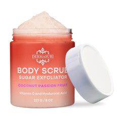 Dermasuri Exfoliating Sugar Scrub bottle with coconut passion fruit delivers hydration and a healthy glow.