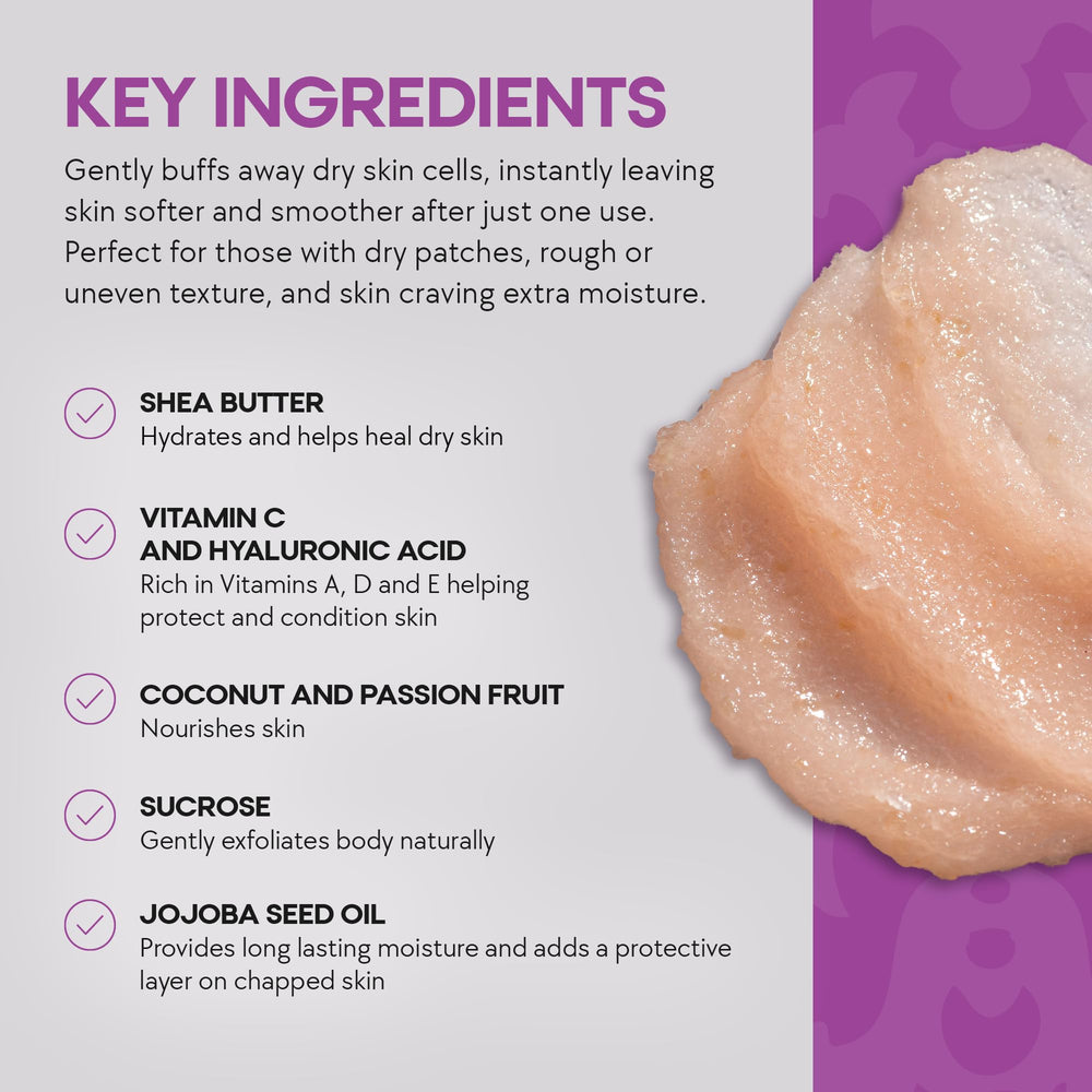 Dermasuri sugar scrub texture close-up shows fine grains for gentle exfoliation.
