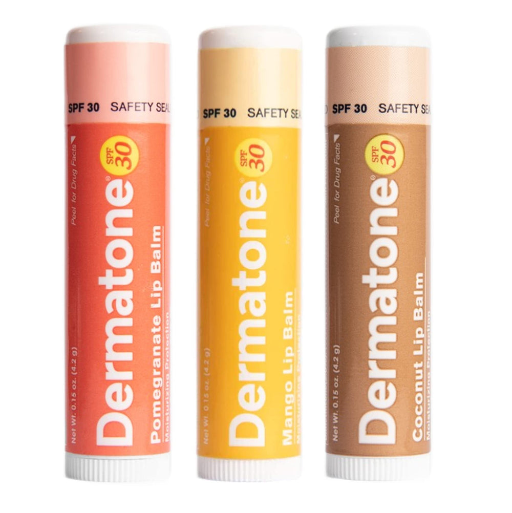 Dermatone Lip Balm Fruit Variety Pack pack shot highlighting SPF 30 hydration