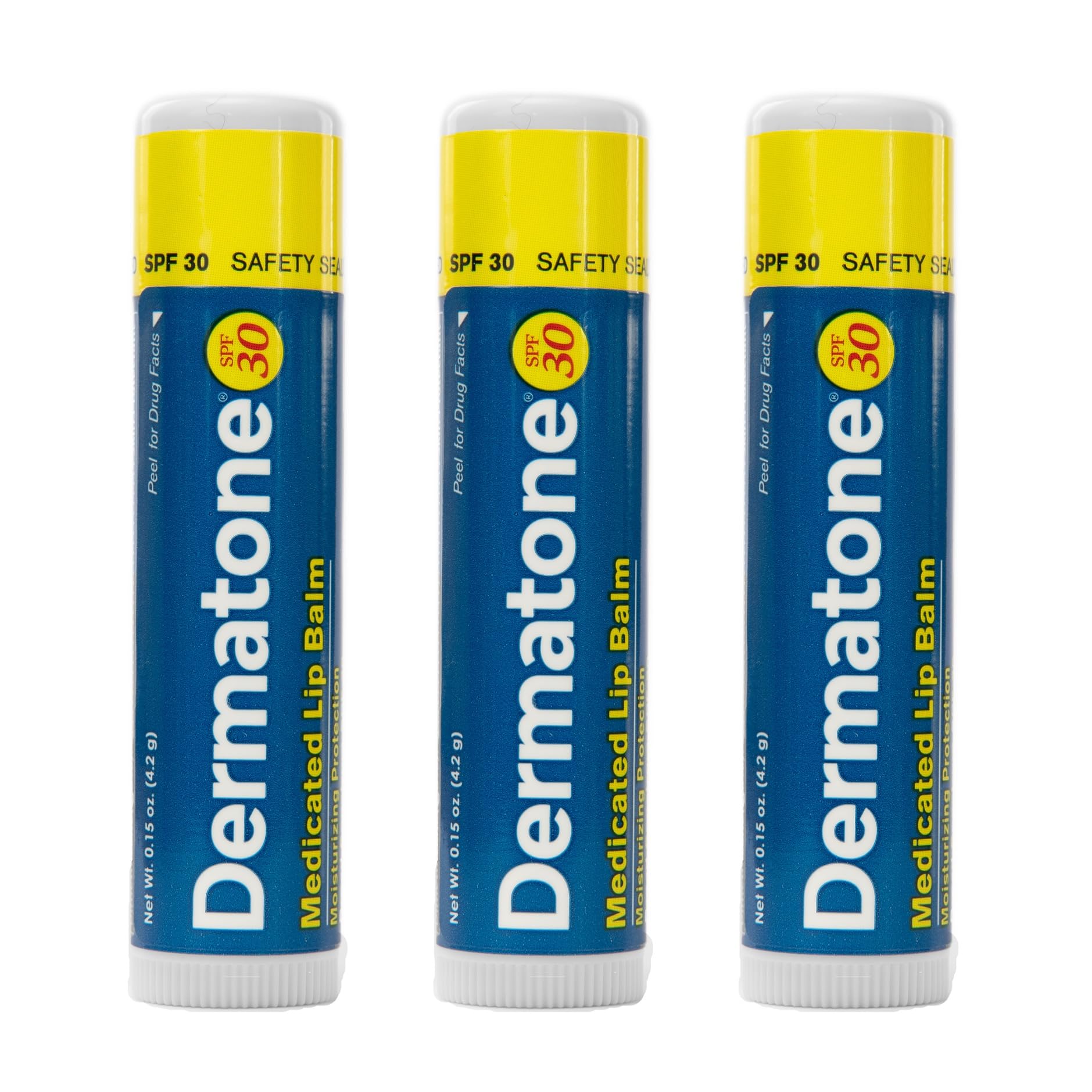 Dermatone lip balm SPF 30 jar on hand moisturizes dry lips with cocoa butter and aloe.