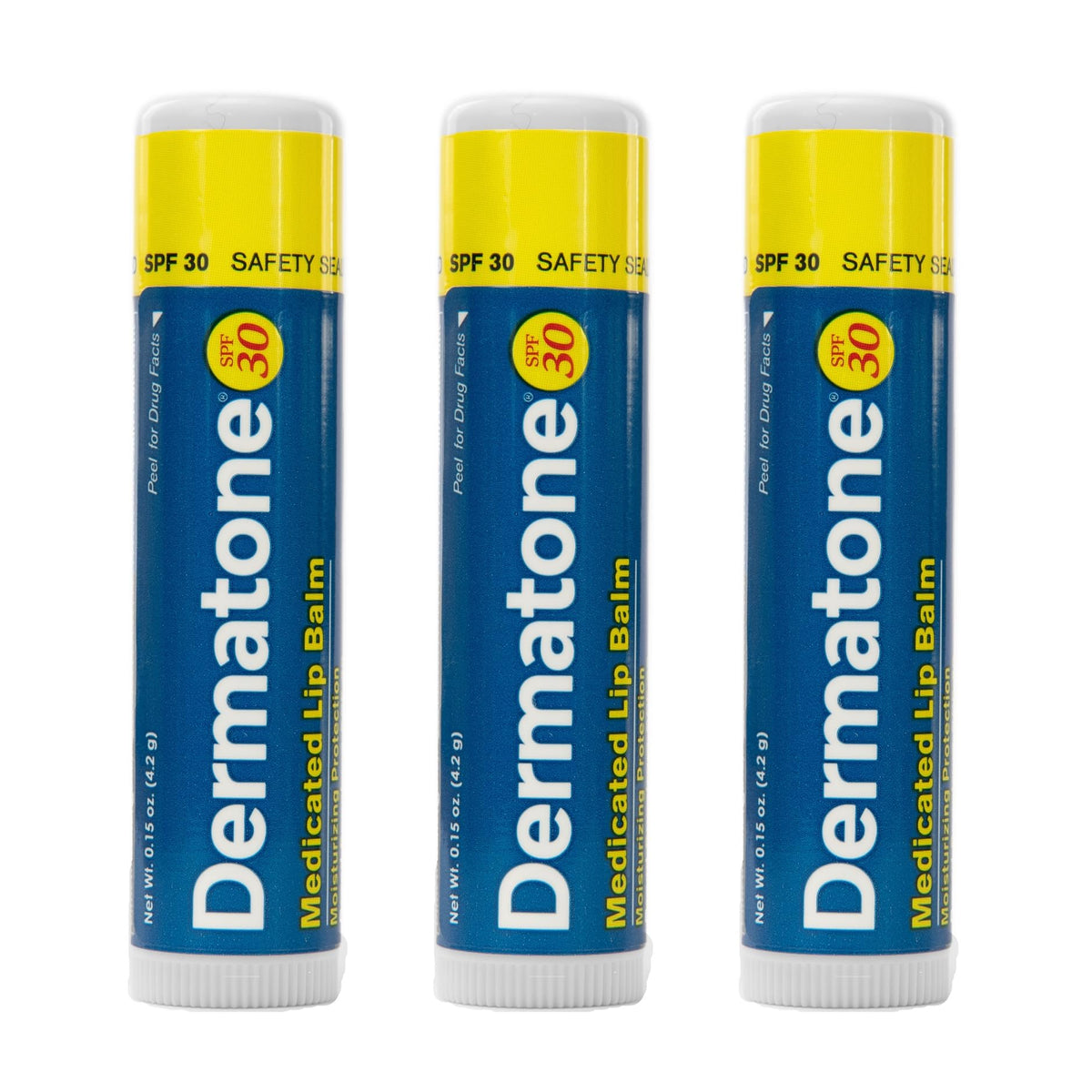 Dermatone lip balm SPF 30 jar on hand moisturizes dry lips with cocoa butter and aloe.