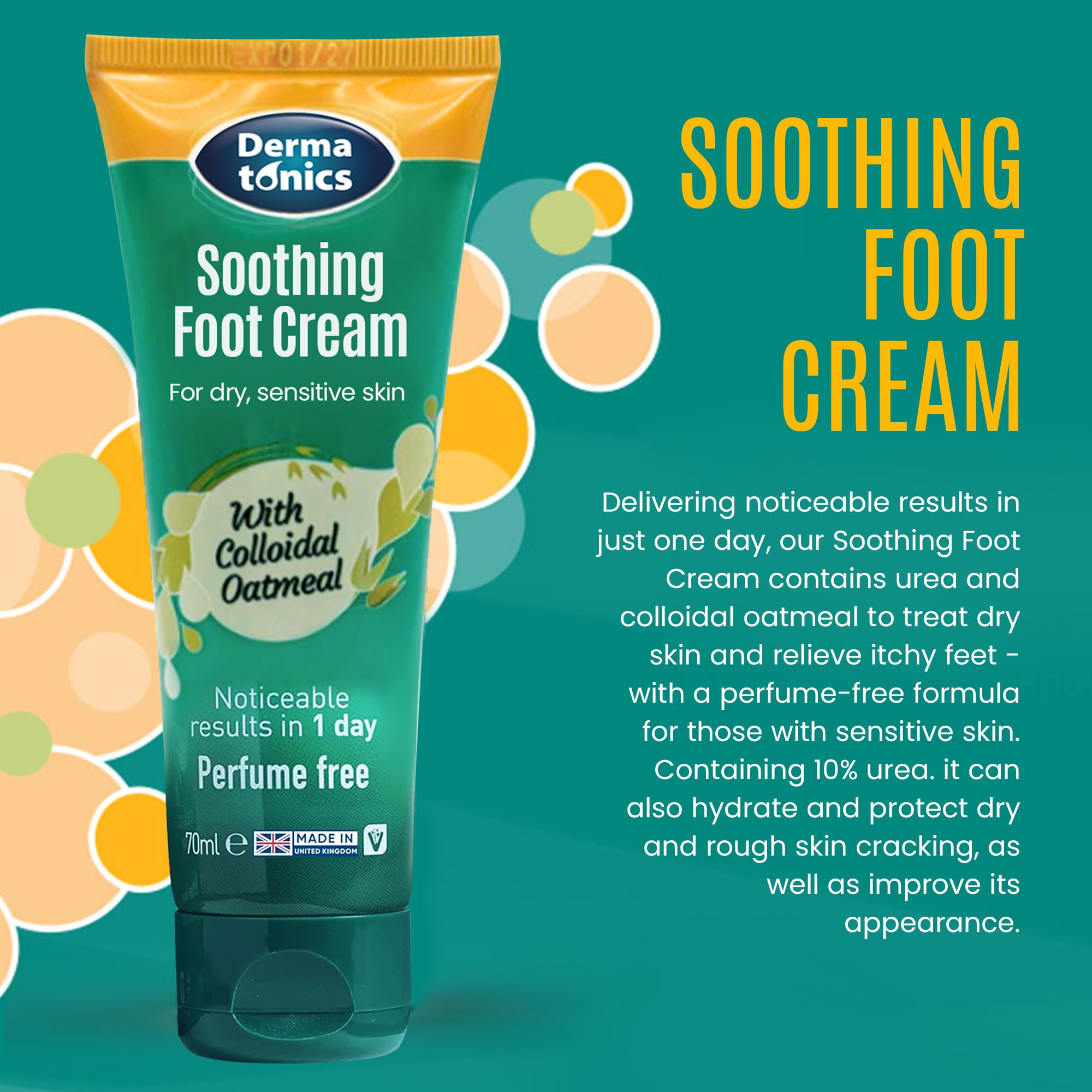 Dermatonics foot cream label close-up showcasing 10% urea and oats for hydration.