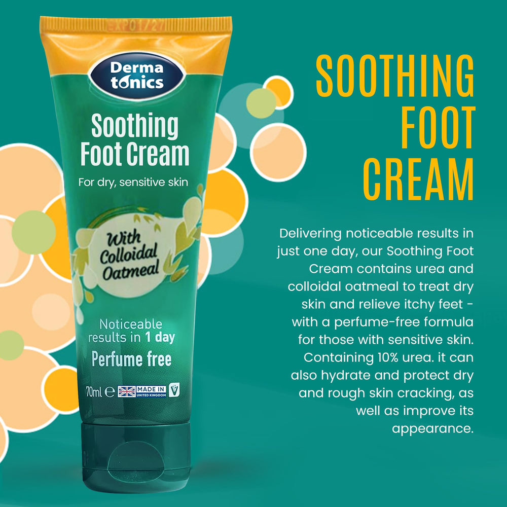 Dermatonics foot cream label close-up showcasing 10% urea and oats for hydration.