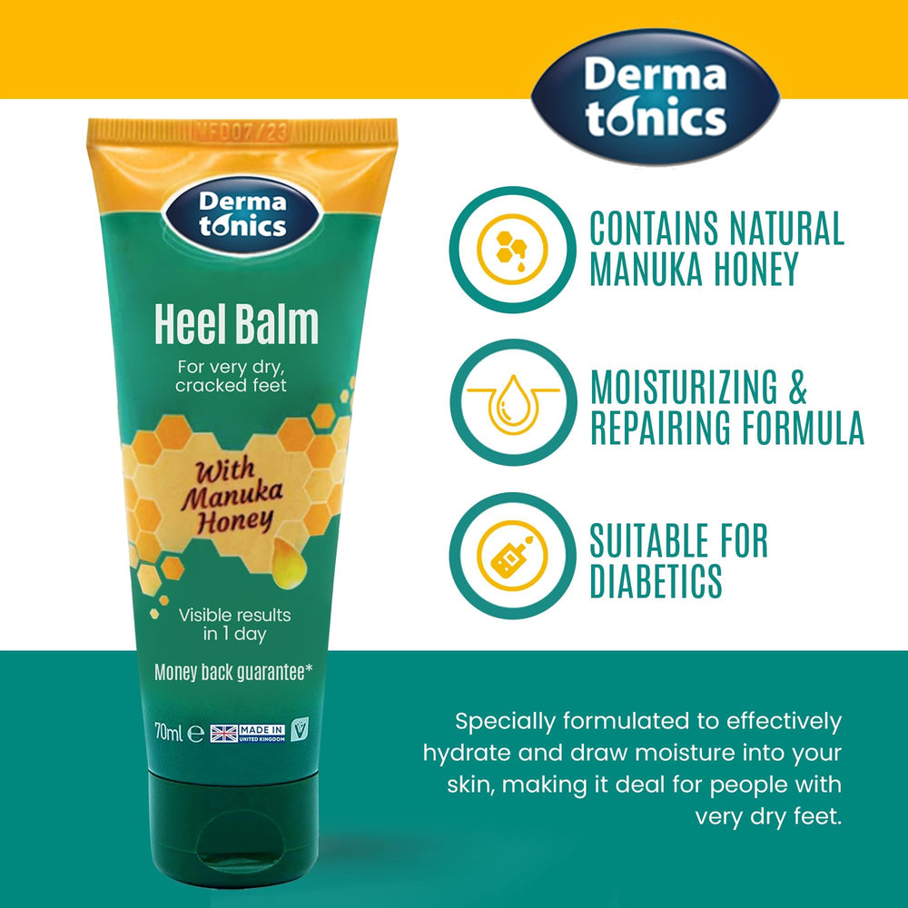 Dermatonics Manuka Honey Heel Cream application on heel softens dry skin.